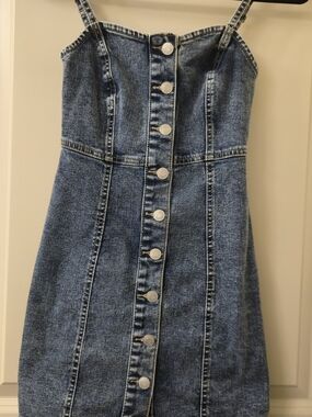 RSQ Blue Denim Button-Front Spaghetti Strap Mini Dress